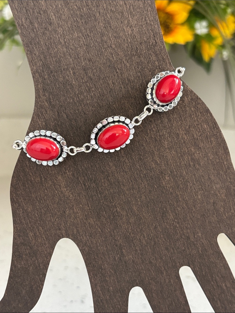 Silver Red Coral Gemstone Link Statement Bracelet